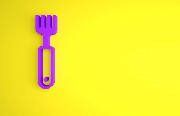 黄色の背景に分離された紫色のフォークアイコン かわいいシンボル 最小限の概念 3Dレンダリング図 — ストック写真