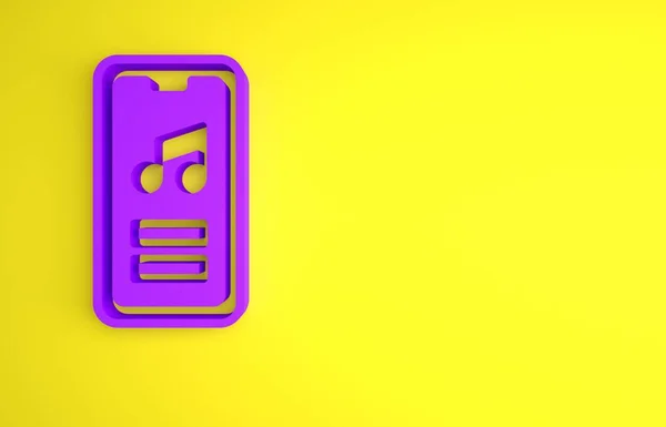 紫色音乐播放器图标孤立在黄色背景 便携式音乐设备 最低纲领的概念 3D渲染说明 — 图库照片
