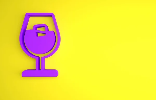 黄色の背景に分離された紫色のワイングラスアイコン ワイングラスの看板 最小限の概念 3Dレンダリング図 — ストック写真