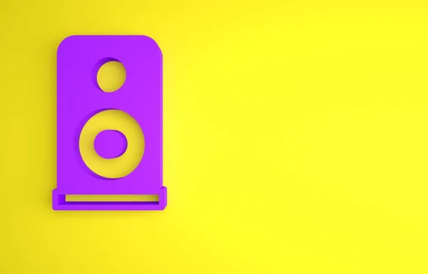 stock image Purple Stereo speaker icon isolated on yellow background. Sound system speakers. Music icon. Musical column speaker bass equipment. Minimalism concept. 3D render illustration.