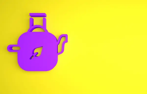 Tetera Púrpura Con Icono Hoja Aislada Sobre Fondo Amarillo Concepto —  Fotos de Stock