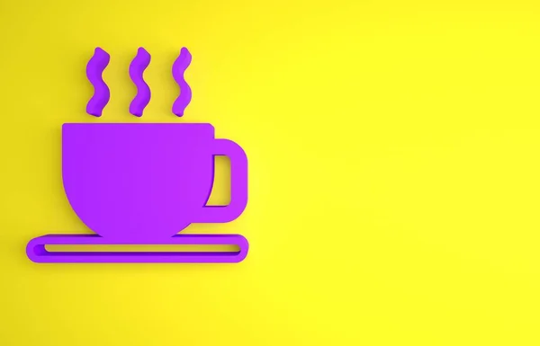 黄色の背景に単離されたお茶のアイコンのパープルカップ 最小限の概念 3Dレンダリング図 — ストック写真