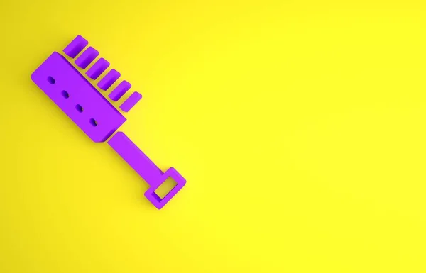 黄色の背景に分離された紫色のサウナブラシアイコン バスルームで洗浄するための粗い毛を持つ木製のブラシ 抗セルライトマッサージ 最小限の概念 3Dレンダリング図 — ストック写真