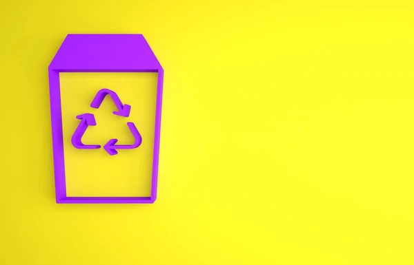 Fioletowy Kosz Śmieci Ikoną Symbolu Recyklingu Izolowaną Żółtym Tle Ikona — Zdjęcie stockowe