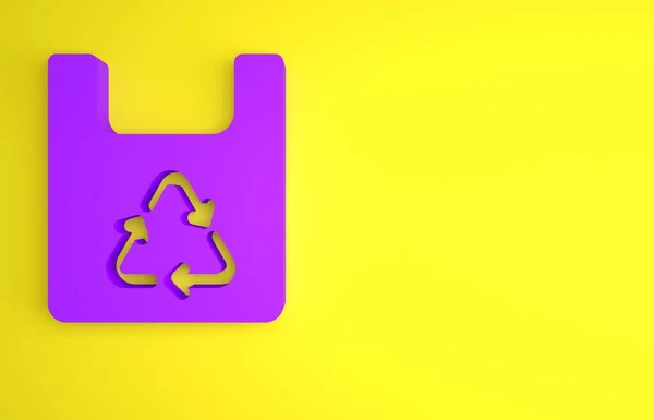 黄色の背景に隔離されたリサイクルアイコンと紫の紙のショッピングバッグ リサイクルシンボル付きバッグ 最小限の概念 3Dレンダリング図 — ストック写真