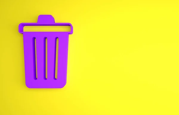 紫色的垃圾堆可以在黄色的背景上被隔离 垃圾箱标志 回收篮图标 办公室垃圾图标 最低纲领的概念 3D渲染说明 — 图库照片