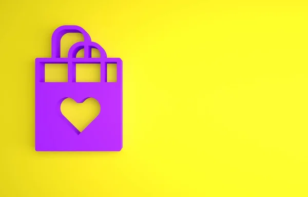 Μωβ Τσάντα Αγορών Εικονίδιο Καρδιά Απομονώνονται Κίτρινο Φόντο Ψώνια Τσάντα — Φωτογραφία Αρχείου