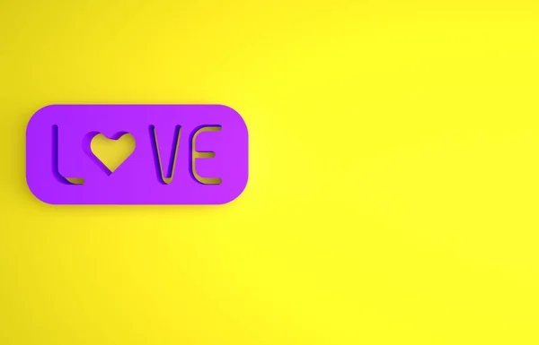黄色の背景に隔離された紫の愛のテキストアイコン バレンタインデーグリーティングカードテンプレート 最小限の概念 3Dレンダリング図 — ストック写真