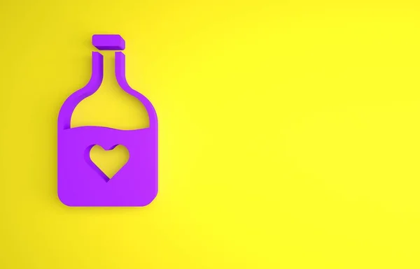 紫色瓶与爱情药水图标隔离在黄色背景 情人节快乐 最低纲领的概念 3D渲染说明 — 图库照片