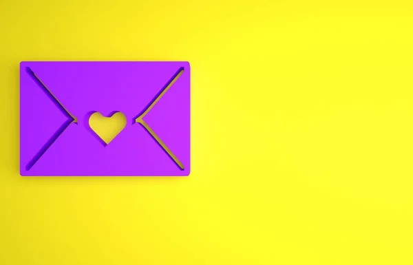 紫色信封上有黄色背景的情人节心形图标 爱的信息信上的爱情和浪漫情人节快乐 最低纲领的概念 3D渲染说明 — 图库照片