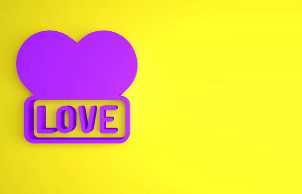 黄色の背景に分離された紫のハートアイコン ロマンチックなシンボルリンク 情熱と結婚式 ハッピーバレンタインデー 最小限の概念 3Dレンダリング図 — ストック写真