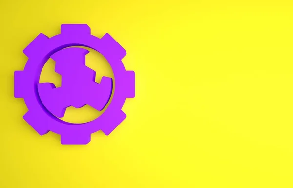 Фиолетовый Глобус Земли Значок Шестеренки Шестеренки Изолированы Желтом Фоне Установка — стоковое фото