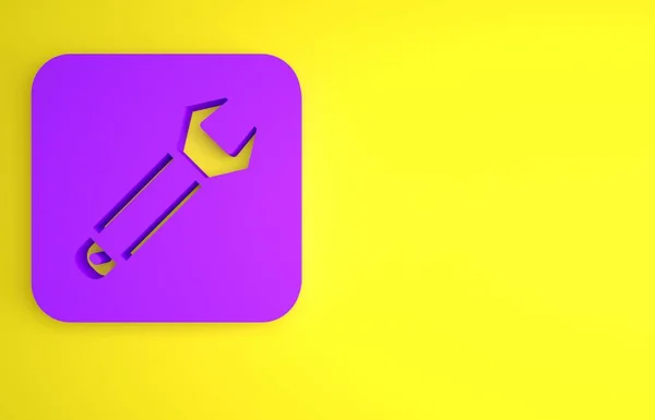 黄色の背景に隔離された紫のレンチスパナアイコン スパナ修理ツール サービスツールのシンボル 最小限の概念 3Dレンダリング図 — ストック写真