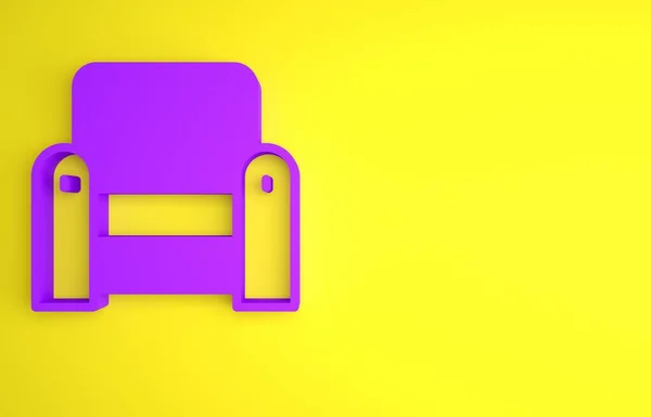黄色の背景に分離された紫色のアームチェアアイコン 最小限の概念 3Dレンダリング図 — ストック写真
