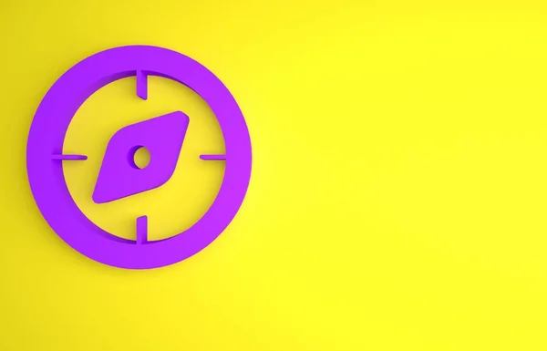 紫色指南针图标孤立在黄色背景 Windrose导航符号 风玫瑰色标志 最低纲领的概念 3D渲染说明 — 图库照片