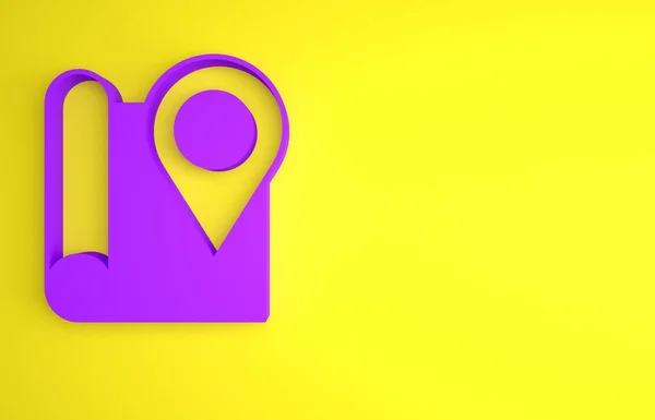 Mapa Dobrado Roxo Com Ícone Marcador Localização Isolado Fundo Amarelo — Fotografia de Stock
