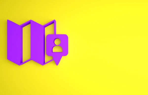 紫黄色の背景に位置マーカーアイコンで折り畳まマップ 最小限の概念 3Dレンダリング図 — ストック写真