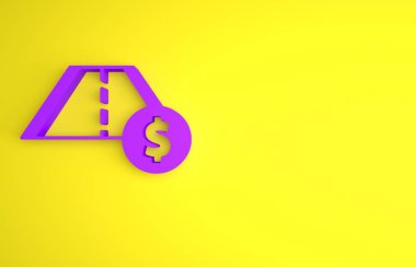 Mor Toll trafik levhası. Sarı arkaplanda sinyal simgesi izole edildi. İşaretçi sembolü. Sokak bilgi tabelası. Yön tabelası. Minimalizm kavramı. 3 Boyutlu resimleme.