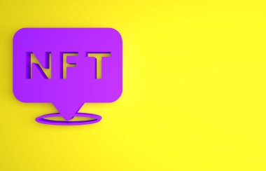 Mor NFT dijital şifreleme resim simgesi sarı arkaplanda izole edildi. Para iadesi olmayan jeton. Minimalizm kavramı. 3 Boyutlu resimleme.