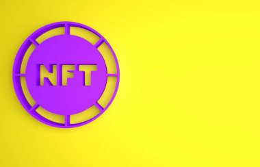 Mor NFT dijital şifreleme resim simgesi sarı arkaplanda izole edildi. Para iadesi olmayan jeton. Minimalizm kavramı. 3 Boyutlu resimleme.