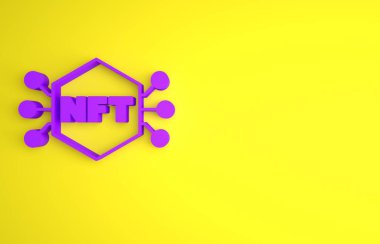 Mor NFT dijital şifreleme resim simgesi sarı arkaplanda izole edildi. Para iadesi olmayan jeton. Minimalizm kavramı. 3 Boyutlu resimleme.