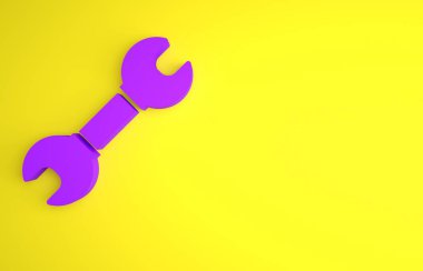 Sarı arkaplanda mor anahtarlı simge izole edildi. Anahtar tamir aleti. Servis aracı sembolü. Minimalizm kavramı. 3 Boyutlu resimleme.