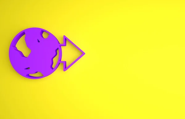 紫色位置全球图标孤立在黄色背景 世界或地球的标志 最低纲领的概念 3D渲染说明 — 图库照片
