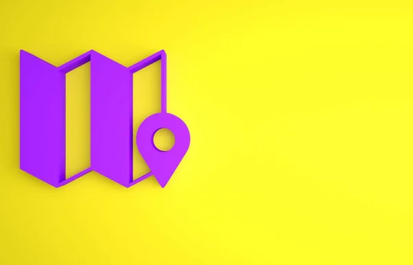 紫黄色の背景に位置マーカーアイコンで折り畳まマップ 最小限の概念 3Dレンダリング図 — ストック写真