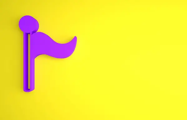 黄色の背景に隔離された紫色の旗のアイコン ロケーションマーカーシンボル 最小限の概念 3Dレンダリング図 — ストック写真