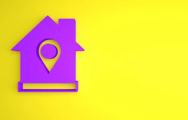 stock image Purple Map pointer with house icon isolated on yellow background. Home location marker symbol. Minimalism concept. 3D render illustration.