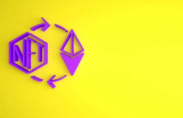 紫のEthereum交換Nftアイコンは黄色の背景に隔離されています 目に見えないトークン デジタル暗号芸術の概念 最小限の概念 3Dレンダリング図 — ストック写真