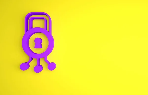 紫色网络安全图标隔离在黄色背景 数字电路板上的闭锁 安全概念 数字数据保护 最低纲领的概念 3D渲染说明 — 图库照片