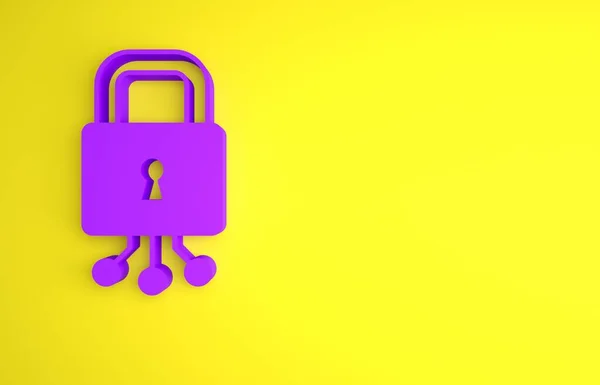 Ícone Segurança Cibernética Roxo Isolado Fundo Amarelo Cadeado Fechado Placa — Fotografia de Stock