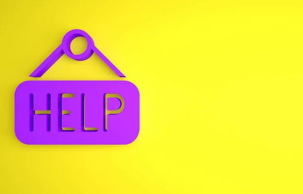 テキスト付き紫の看板黄色の背景に隔離されたヘルプアイコン 最小限の概念 3Dレンダリング図 — ストック写真