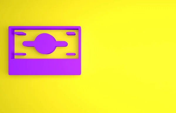 紫色堆栈纸货币图标孤立在黄色背景 钞票堆积如山 比尔货币 最低纲领的概念 3D渲染说明 — 图库照片