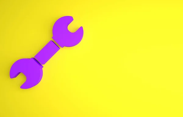 黄色の背景に隔離された紫のレンチスパナアイコン スパナ修理ツール サービスツールのシンボル 最小限の概念 3Dレンダリング図 — ストック写真