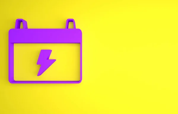 黄色の背景に分離された紫の車のバッテリーアイコン 蓄電池のエネルギー電力と電気蓄電池 最小限の概念 3Dレンダリング図 — ストック写真