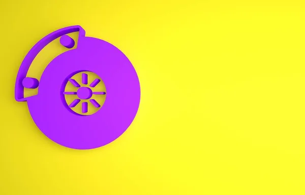 紫色汽车制动器盘与卡尺图标隔离在黄色背景 最低纲领的概念 3D渲染说明 — 图库照片