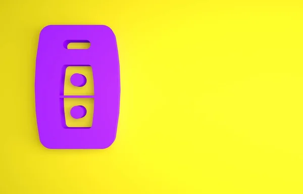黄色の背景に隔離されたリモートアイコンと紫の車のキー 車のキーと警報システム 最小限の概念 3Dレンダリング図 — ストック写真