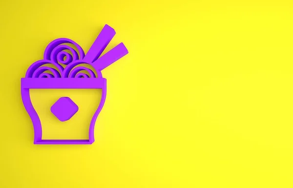 黄色の背景に独立したボウルと箸のアイコンに紫色のアジア麺 ストリートファーストフード 韓国語 日本語 中華料理 最小限の概念 3Dレンダリング図 — ストック写真