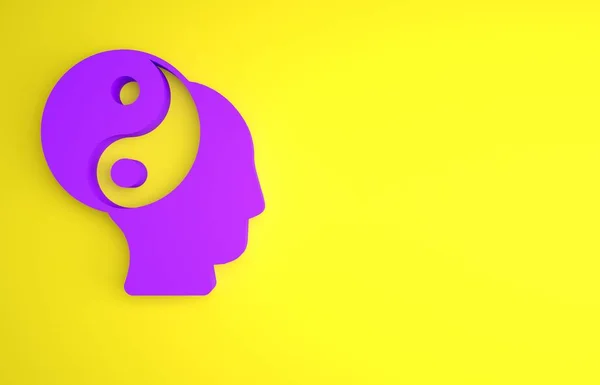 紫色阴阳的象征和谐与平衡的图标孤立在黄色的背景上 最低纲领的概念 3D渲染说明 — 图库照片