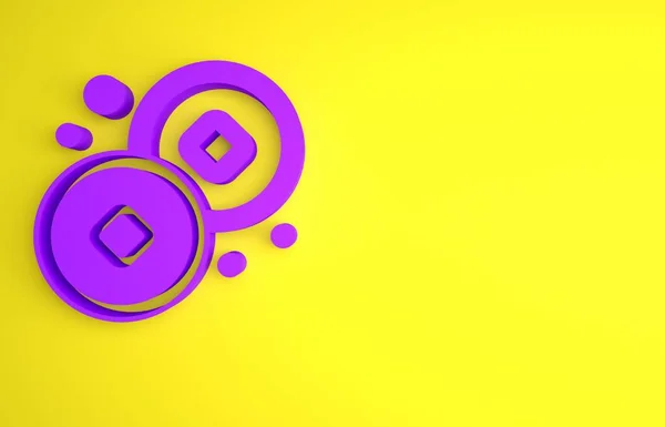 黄色の背景に隔離された紫の中国人民元通貨記号アイコン コインマネー 銀行の通貨記号 現金記号 最小限の概念 3Dレンダリング図 — ストック写真