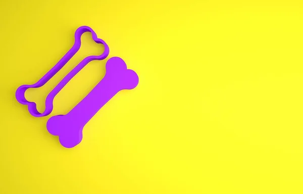 黄色の背景に単離された紫の犬の骨アイコン ペットフードのシンボル 最小限の概念 3Dレンダリング図 — ストック写真
