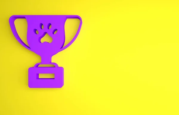 黄色の背景に隔離された紫のペット賞のシンボルアイコン ペットの展覧会の勝者の概念として犬の足跡とメダル 最小限の概念 3Dレンダリング図 — ストック写真