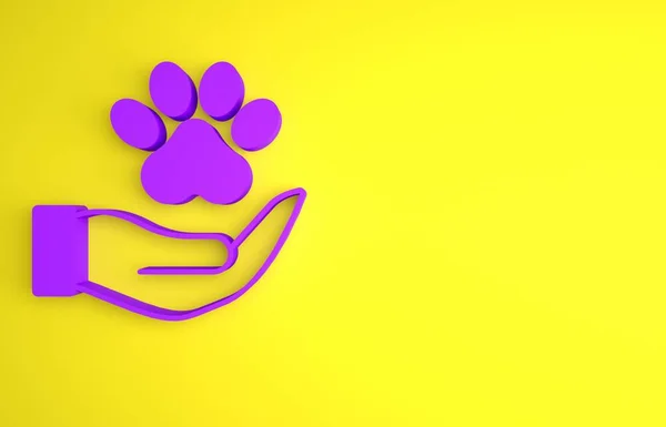 stock image Purple Hands with animals footprint icon isolated on yellow background. Pet paw in heart. Love to the animals. Minimalism concept. 3D render illustration.