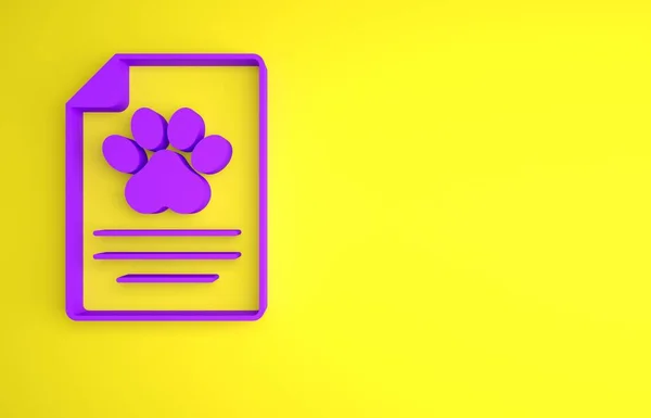 紫色剪贴板与医学临床记录宠物图标分离的黄色背景 健康保险表格 医疗检查标记报告最低纲领的概念 3D渲染说明 — 图库照片