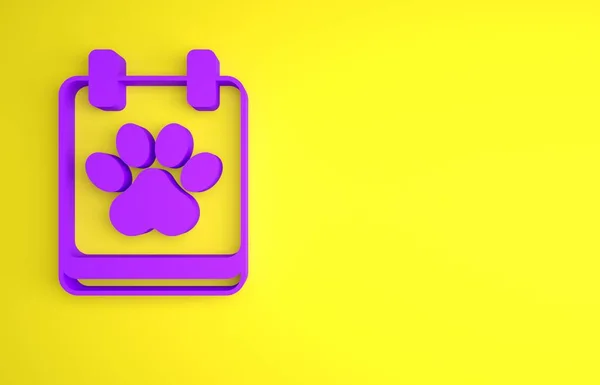 紫色日历打扮图标孤立在黄色背景 事件提醒符号 最低纲领的概念 3D渲染说明 — 图库照片