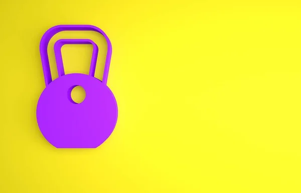 黄色の背景に分離された紫の重量アイコン 重量持ち上げとスケールのためのキログラムの重量ブロック 質量記号 最小限の概念 3Dレンダリング図 — ストック写真