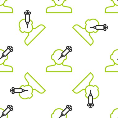 Uyuşturucu ikonuna olan çizgi bağımlılığı beyaz arkaplandaki kusursuz deseni izole etti. Eroin, uyuşturucu, bağımlılık, yasadışı. Elinde şırınga ve ilaç olan hasta bir keş. Vektör