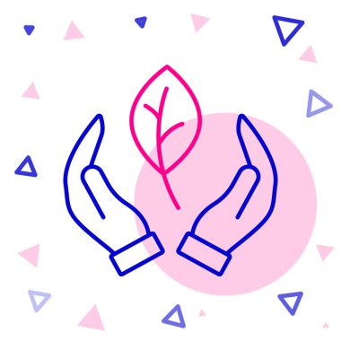 Çizgi El, beyaz arkaplanda izole edilmiş bitki simgesinden bir yaprak tut. Doğayı koru. Yaprak, çevre korumasıyla çekiliyor. Renkli taslak konsepti. Vektör